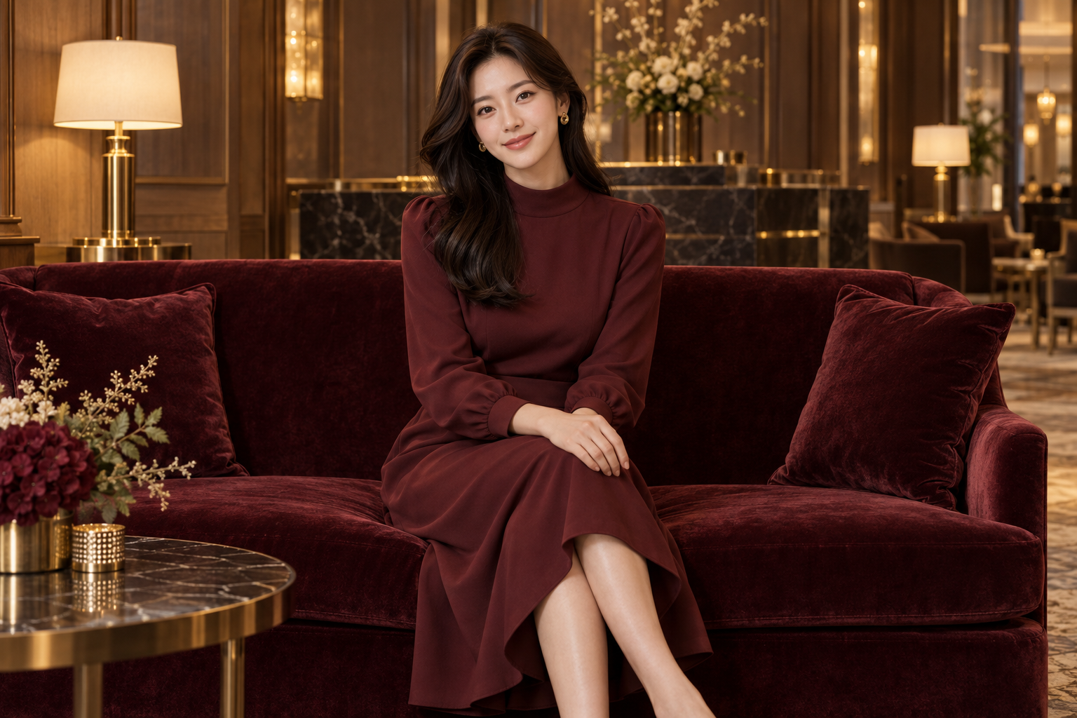 버건디 드레스를 입고 라운지에 앉은 여성 1명