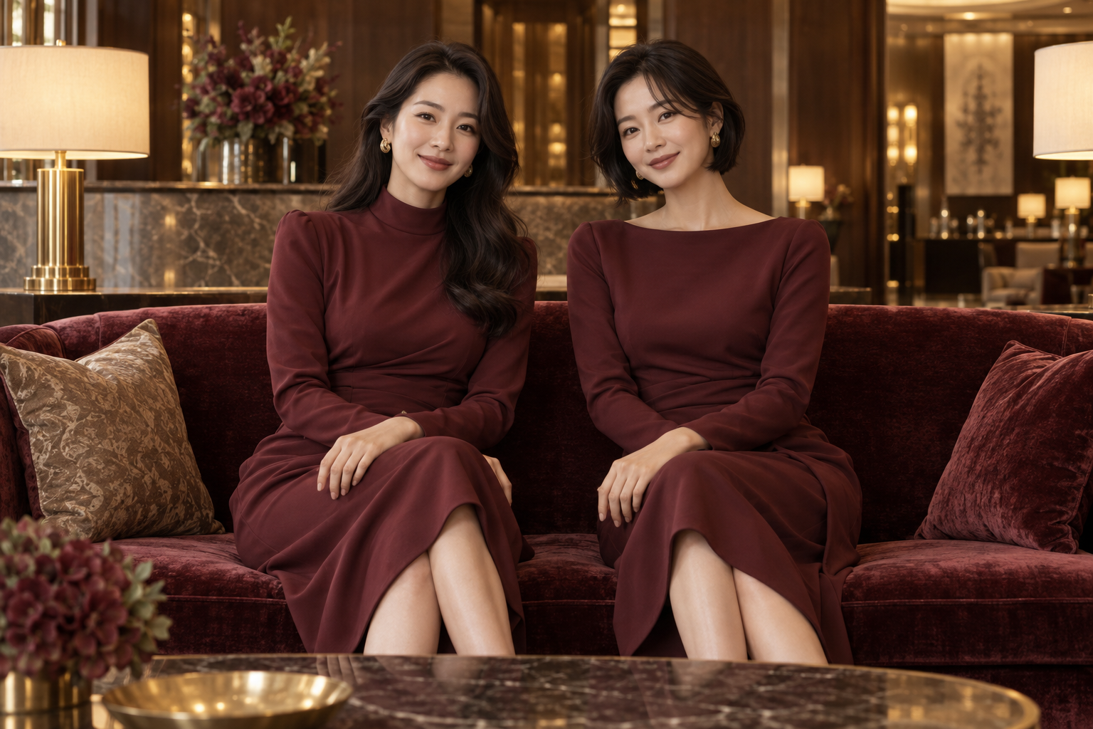 골드 라운지에서 함께 시간을 보내는 여성 2명