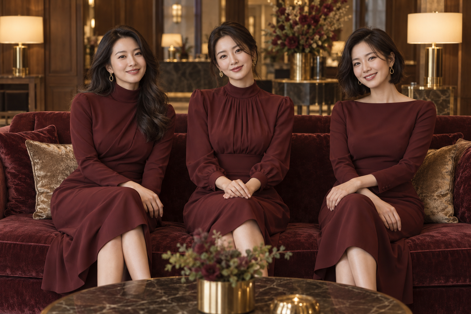 버건디 소파에 앉아 있는 여성 3명